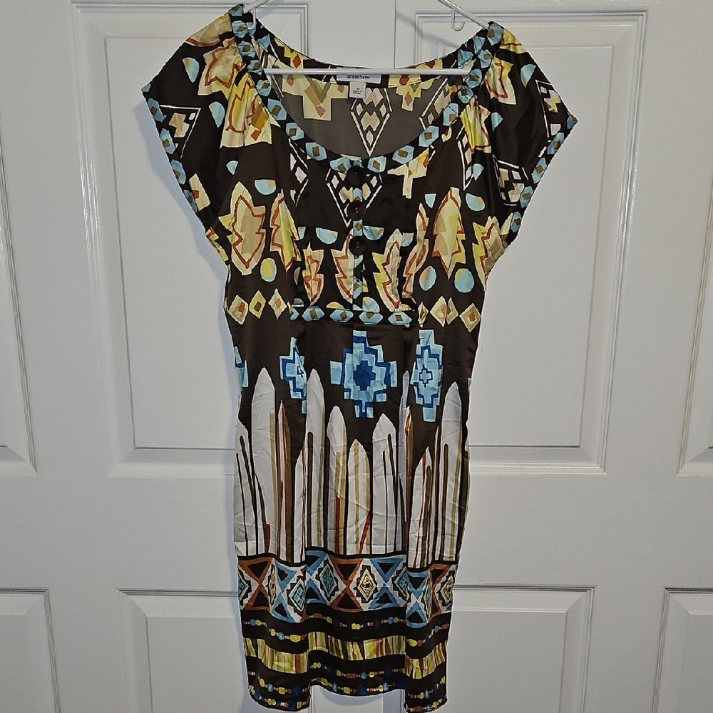 Dressbarn Geometric Print Dress with Button Detail